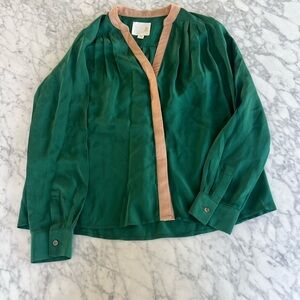 Green Blouse with Tan Trim